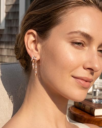 Gold Earrings for Women Trendy 14K Gold Plated Dangle Earrings Small Hoop Huggie Drop Stud Earrings Cubic Zirconia Simple Minimalist Dainty Chain Tassel Hypoallergenic Earrings - color: CZ Tassel & Rose Gold