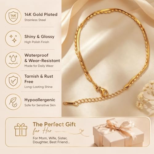 Waterproof Gold Plated Layered Anklets for Women Daisy/Herringbone/Heart Charm/Bead Chain Non Tarnish Stainless Steel Summer Foot Jewelry Gift for Her, with Gift Box - color: 6. herringbone+ seed bead
