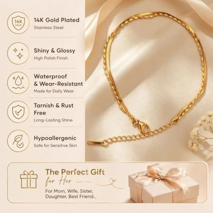 Waterproof Gold Plated Layered Anklets for Women Daisy/Herringbone/Heart Charm/Bead Chain Non Tarnish Stainless Steel Summer Foot Jewelry Gift for Her, with Gift Box - color: 6. herringbone+ seed bead