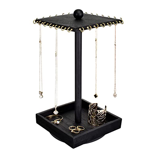 Ikee Design Wood Rotating Jewelry Display for Necklace Bracelet Holder | Rotating necklace organizer with 28 hooks and a base tray for rings, earrings and other small accessories. - color: 1) Black