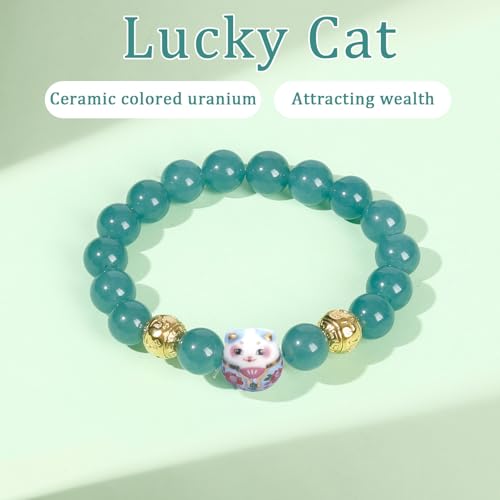 Real Gemstone Lucky Cat Bracelet Feng Shui Good Luck Wealth Charm | Blessed Genuine Gemstone with Brass Cat Pendant, 10mm Prayer Beads, Energy Protection for Wealth & Health, Spiritual Gifting - color: Blue