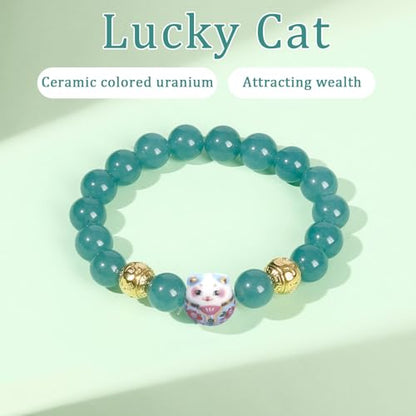 Real Gemstone Lucky Cat Bracelet Feng Shui Good Luck Wealth Charm | Blessed Genuine Gemstone with Brass Cat Pendant, 10mm Prayer Beads, Energy Protection for Wealth & Health, Spiritual Gifting - color: Blue