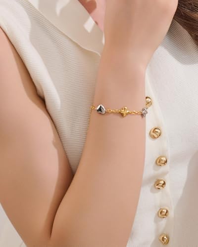 Two Tone Heart Charm Bracelet for Women, Adjustable Cute Bracelets with Heart/Clover Charms, Trendy Love Bracelet for Daily Wear Mixed Metal Jewelry Valentines Day Gift - style: Heart＆Clover
