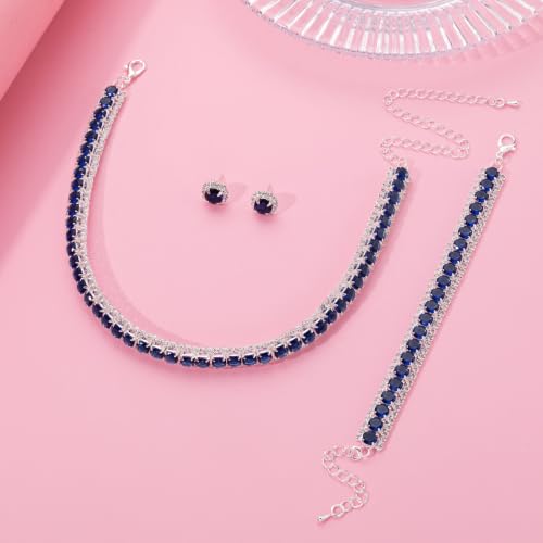 Women Rhinestone Crystal Jewelry Set Crystal Tennis Design Rhinestone Choker Necklace Link Bracelet Teardrop Earrings Set Wedding Bridal Bridesmaids Party - color: Silver Plated Blue Crystal（2）