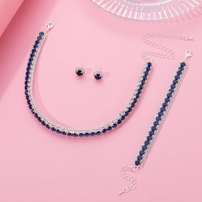 Women Rhinestone Crystal Jewelry Set Crystal Tennis Design Rhinestone Choker Necklace Link Bracelet Teardrop Earrings Set Wedding Bridal Bridesmaids Party - color: Silver Plated Blue Crystal（2）