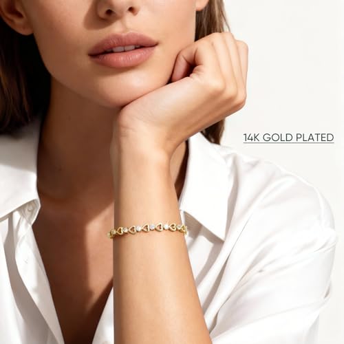 Tennis Bracelet for Women - 14K Gold Plated Heart Cubic Zirconia Bracelet, Dainty Trendy Anniversary Birthday Christmas Jewelry Gift for Her - color: Gold (6.3-6.8 Inches)