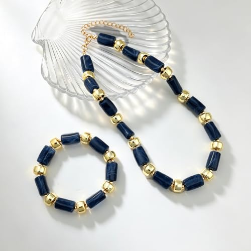 YBMYCM Colorful Resin Beaded Necklace Bracelet Set for Women, Adjustable Chunky Choker Necklace with Stretch Bracelet, Boho Statement Summer Beach Jewelry Gift for Her - color: Dark blue