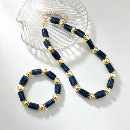 YBMYCM Colorful Resin Beaded Necklace Bracelet Set for Women, Adjustable Chunky Choker Necklace with Stretch Bracelet, Boho Statement Summer Beach Jewelry Gift for Her - color: Dark blue