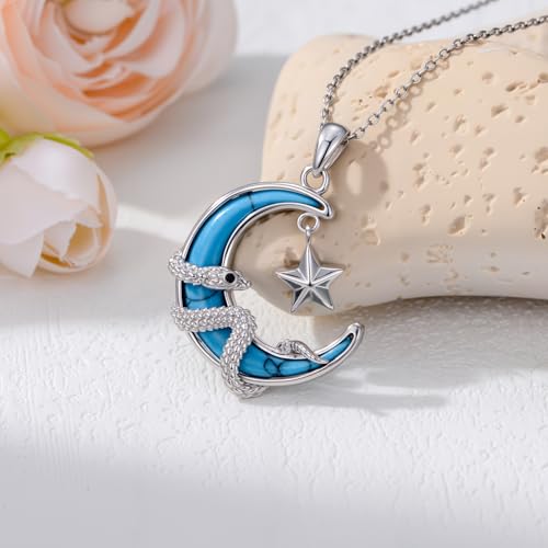 925 Sterling Silver Turquoise Moon Pendant Necklace for Women, Snake/Flower/Bow/Tree of Life/Star Moon Necklace, Dainty Jewelry for Daily Wear & Gifts - style: Style 6