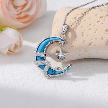 925 Sterling Silver Turquoise Moon Pendant Necklace for Women, Snake/Flower/Bow/Tree of Life/Star Moon Necklace, Dainty Jewelry for Daily Wear & Gifts - style: Style 6