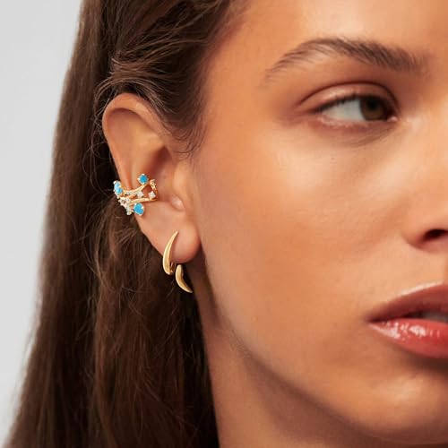 Ear Cuff Earrings for Women 14K Gold Plated Created Turquoise Cubic Zirconia Sparkling Boho Hollow Huggie Ear Cuffs Non Piercing | Clip On Cartilage | Single - color: Turquoise Whirl