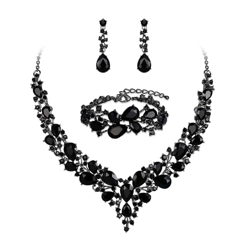 Wedding Bridal Jewelry Set for Women Bride Bridesmaids | Gorgeous Austrian Crystal Teardrop Cluster Statement Necklace Dangle Earrings Link Bracelet Set Prom Jewellery - color: 02-Black Black-Tone