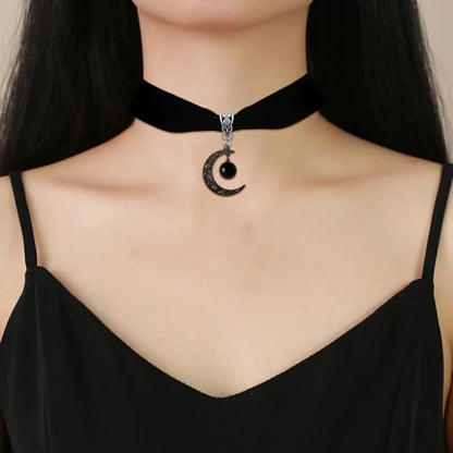 Gothic Black Velvet Goth Choker Necklace for Women,Cameo Black Choker Crow Skull Pendant Necklace Vintage Collar Skull Necklace Gothic Jewelry - style: Black moon
