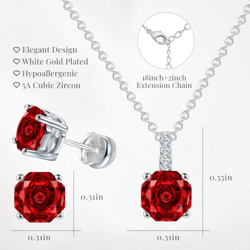 Rose Cut Silver Solitaire Necklace and Earring Set for Women, Jewelry Gift | Rose Cut, Cubic Zirconia, Necklace and Stud Earrings Set, Jewelry Set, Minimalist - color: Garnet Red