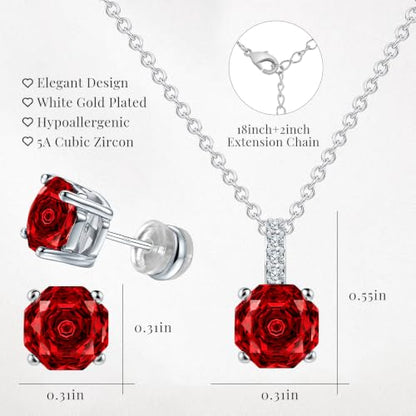 Rose Cut Silver Solitaire Necklace and Earring Set for Women, Jewelry Gift | Rose Cut, Cubic Zirconia, Necklace and Stud Earrings Set, Jewelry Set, Minimalist - color: Garnet Red