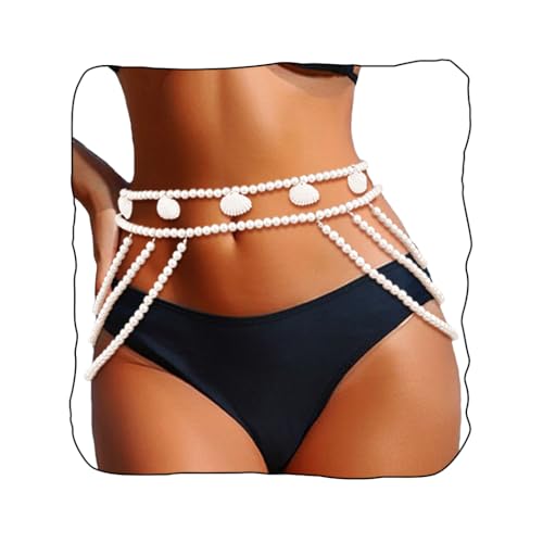 Florry Pearl Waist Chain Seashell Starfish Belly Chain Layered Waist Body Chains Summer Beach Party Club Body Accessories Jewelry for Women - color: Shells Waist Chain