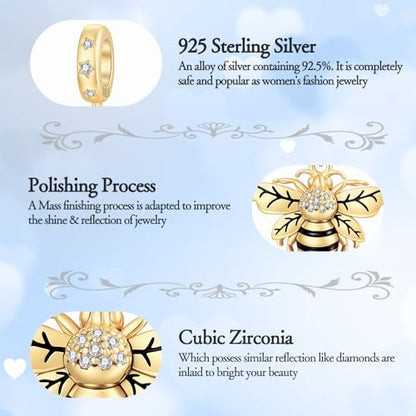 925 Sterling Silver Charms fits Bracelets and Necklace Pendant Bead Charms Jewelry Gift for Women Family Friends - style: Golden Bee Charm
