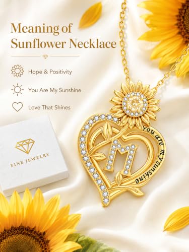 14K Gold Sunflower Initial Necklaces for Women | Heart Letter Pendant You Are My Sunshine Jewelry Gifts - style: M