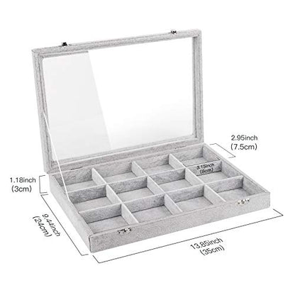 Emibele Jewelry Organizer Bracelet Storage Tray Box, 12 Grids Jewelry Tray with Clear Lid Velvet Jewelry Box for Necklace Bracelets Bangles Display Storage Organizer Box, Grey - style: J2- 12 Grids with Lid