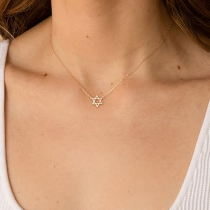 Dainty Gold Necklace: 14k Gold Plated Dianty Boots Bow Sun Moon Horse Evil Eye Conch Seahorse Necklace for Women 16.5"+2" - color: Star of David