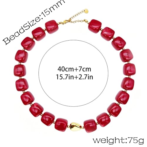 Red Beaded Necklace for Women Chunky Beaded Necklace Adjustable Acrylic Bead Choker Necklaces Big Statement Necklaces Jewelry Accessories - color: 15MMSquareBead EE