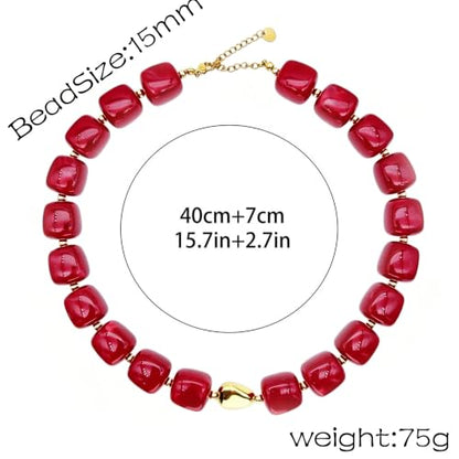 Red Beaded Necklace for Women Chunky Beaded Necklace Adjustable Acrylic Bead Choker Necklaces Big Statement Necklaces Jewelry Accessories - color: 15MMSquareBead EE