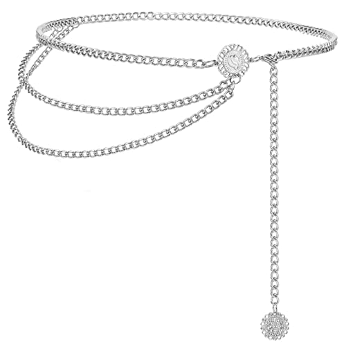 SUOSDEY Pirate Waist Chain Belts for Women Multilayer Metal Belly Chain Belt Fashion Accessories for Dress - color: F-silver 02, size: S: Fit for Waist up to 30 inches