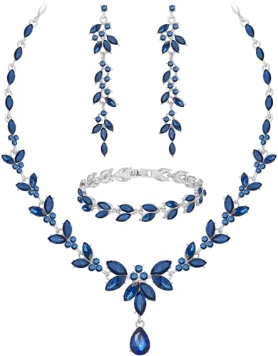 Paxuan Wedding Jewelry Sets for Bride Bridesmaid Bridal Jewelry Set for Women Wedding Crystal Necklace Earrings Bracelet Set for Party Prom Jewelry - color: Sapphire Blue - Silver