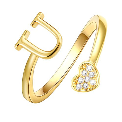 Lunvky Birthday Gifts Silver Initial Rings for Women Teen Girl Kids Trendy Stuff Dainty 14K Gold Plated Adjustable Heart Letter Thumb Rings Pinky Cute Jewelry Personalized Gift - color: Gold, size: Initial-U