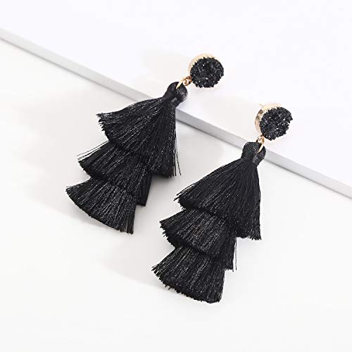 Bohemian Tiered Tassel Earrings with Druzy Stud for Women | Long Layered Fringe Drop Earrings, Statement Jewelry for Party Beach Festival - color: Black