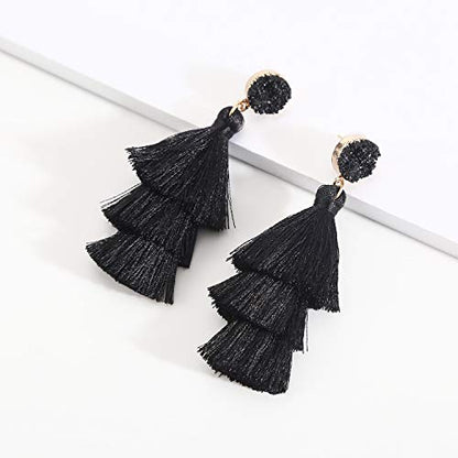 Bohemian Tiered Tassel Earrings with Druzy Stud for Women | Long Layered Fringe Drop Earrings, Statement Jewelry for Party Beach Festival - color: Black