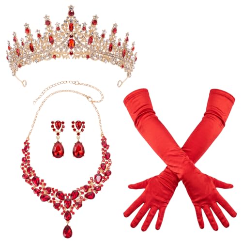Tondiamo Bridal Jewelry Accessories Set Wedding Crystal Tiaras Crown Teardrop Necklace Earrings Satin Gloves for Women Queen Princess Birthday Prom Pageant Wedding Party - color: Red