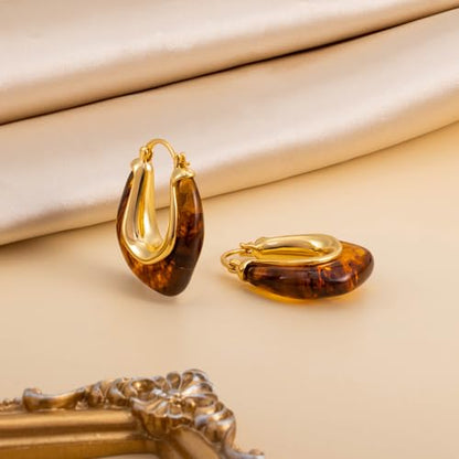 LAXPICOL Gold Chunky Dangle Earrings For Women Resin Stone Earrings Hoop Earrings, 18k Plated Oval Resin Stone Statement Earrings for Women Unique Dangling Teardrop Baroque Huggies Hoop Earrings - color: Yellow
