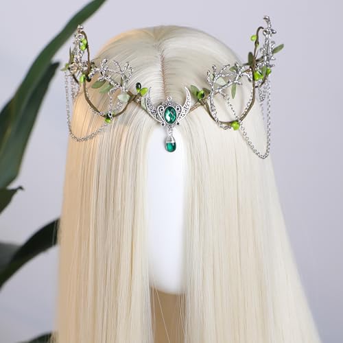 MOSTORY Woodland Elf Crown for Women - Medieval Elf Headpiece with Tassel for Renaissance Renfaire Fae Cosplay Viking Outfit - color: Green-silver