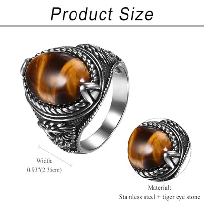 Aroncent Mens Vintage Signet Ring: Tiger Eye Oval Turquoise Black Obsidian Eagle Stainless Steel Ring - Navy Style Biker Jewelry