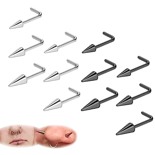 ZS 20G Spike Nose Rings Studs, 18G Stainless Steel Spike Stud Earrings, 16G Septum Lip Rings Cartilage Tragus Helix Piercing for Women Men - color: 12pcs 20g l-shape nose studs