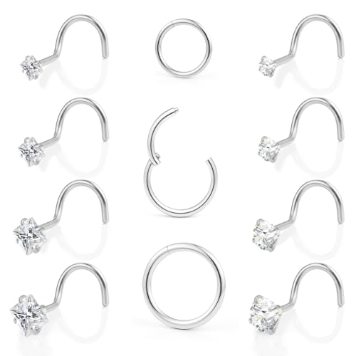 20g Nose Rings Studs and 18g Nose Rings Hoops for Women Men: Hypoallergenic Surgical Stainless Steel Threadless Corkscrew/L Shape/Straight Nose Studs Round Square Simulated Diamond CZ 1.5/2/2.5/3mm Nose Bone Studs Hinged Clicker Segment Nose Hoops Septum