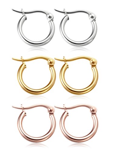 Jstyle Stainless Steel Hoop Earrings for Women Hypoallergenic Hoops Stack | Earrings for Sensitive Ears, Secure Click Clasps, Silver/Gold/Rose Gold, 10mm 15mm 20mm Small Medium Large Loop Earrings Set - size: 10 mm (0.39 inches)