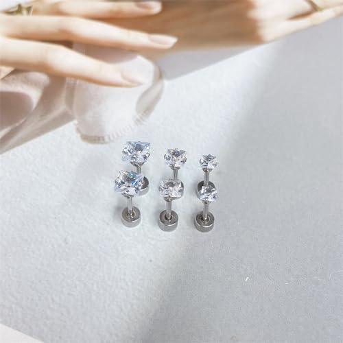 18G Princess Cut Clear Cubic Zirconia Cartilage Small Stud Earrings for Men Women Square Barbell Tragus Helix Screw Sleeper Surgical Steel Flat Back Piercing Studs Hypoallergenic 3 Pairs 3-5mm - color: Silver
