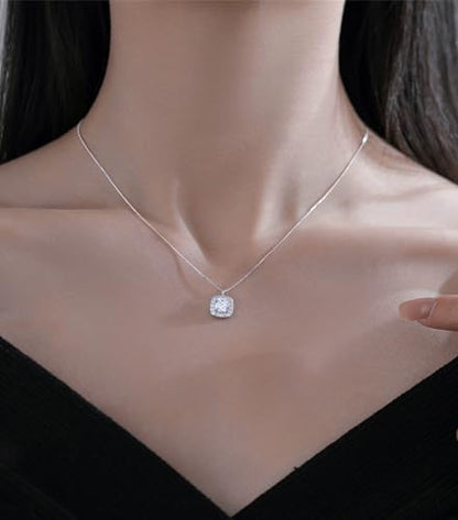 Silver Square Diamond Necklaces for Women Dainty Sparkly Cubic Zirconia Pendant Choker Necklace Gift Trendy