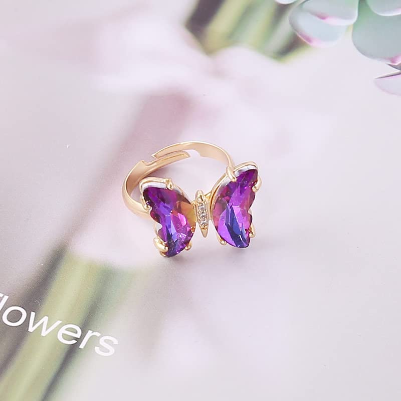 COLORFUL BLING Adjustable Elegant Transparent Crystal 3D Butterfly Rings for Women Aesthetic Gold Plated Cute Animal Insect Open Finger Cuff Ring Birthday Valentine Gifts - color: purple