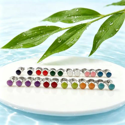 12 Pairs 18K Gold Plated Surgical Stainless Steel Stud Earring Cubic Zirconia CZ Multicolor Birthstone Stud Earrings Set - style: silver enamel 4mm