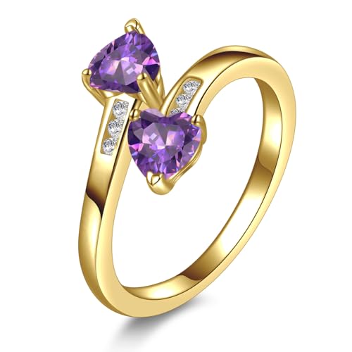 Yaresul 1CT Adjustable Women Heart Ring 14K Gold Plated Birthstone Rings for Women Promise Ring for her Simulated Gemstone Statement Stackable Band Width 2mm Open Size 5~9 - color: B-February-Created Amethyst