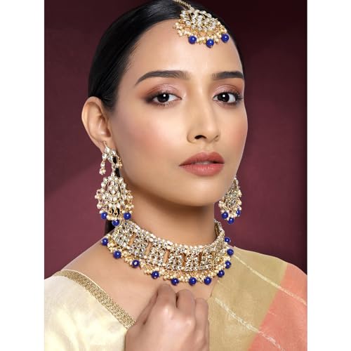 Aheli Elegant Indian Faux Kundan Studded Choker Necklace with Maang Tikka Set Ethnic Wedding Wear Bharatanatyam jewellery set Gift for Women - color: Blue 2