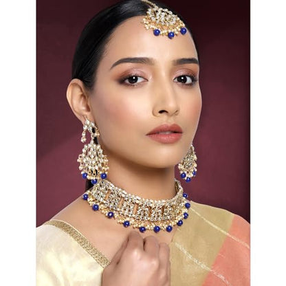 Aheli Elegant Indian Faux Kundan Studded Choker Necklace with Maang Tikka Set Ethnic Wedding Wear Bharatanatyam jewellery set Gift for Women - color: Blue 2