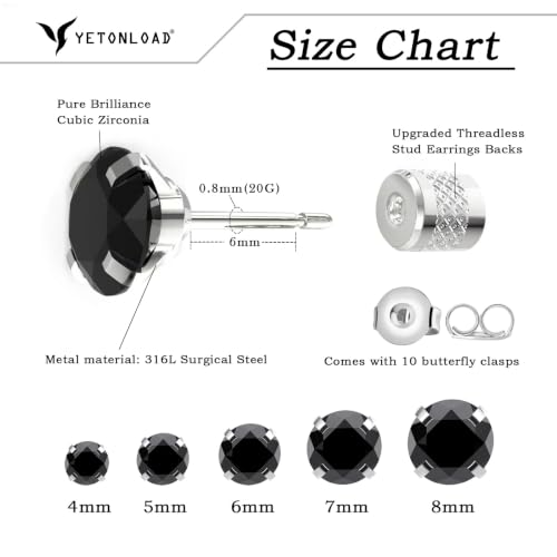 5-6 pairs Push-in Flat Back Stud Earrings Hypoallergenic Surgical Stainless Steel Cubic Zirconia Earrings Studs Set Multi-Pack, CZ Stud Earrings for Women Men Trendy Cartilage Stud Earrings 2-8mm - color: black-4/5/6/7/8mm