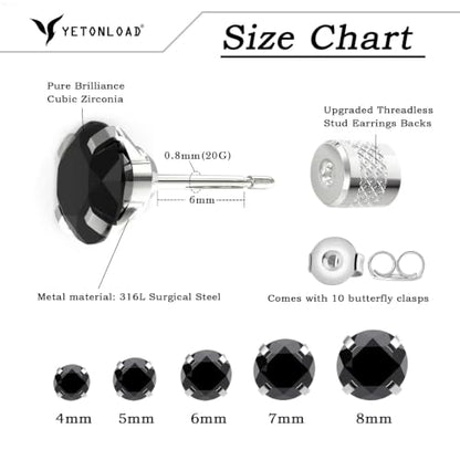 5-6 pairs Push-in Flat Back Stud Earrings Hypoallergenic Surgical Stainless Steel Cubic Zirconia Earrings Studs Set Multi-Pack, CZ Stud Earrings for Women Men Trendy Cartilage Stud Earrings 2-8mm - color: black-4/5/6/7/8mm
