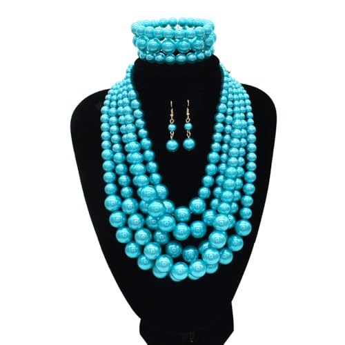 Faux Big Pearl Srand Necklaces for Women 5 Layers Pearls Choker Bib Collar Necklace Bracelet and Earrings set 1920s Costume Pearl Jewelry Bridal Wedding - color: light blue