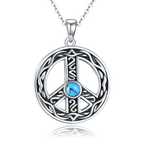 VONALA Sterling Silver Necklace Moss Agate/Turquoise/Larimar/Aquamarine/Opal/Black Onyx/Rose Quartz/Moonstone Pendant Teardrop Necklace Jewelry Gift for Women - style: Peace Sign