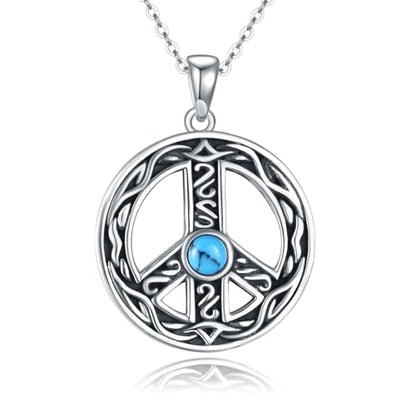 VONALA Sterling Silver Necklace Moss Agate/Turquoise/Larimar/Aquamarine/Opal/Black Onyx/Rose Quartz/Moonstone Pendant Teardrop Necklace Jewelry Gift for Women - style: Peace Sign